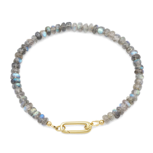 Wild Light Labradorite bracelet featuring iridescent stones on a stretchy cord, crafted by Earthly Abundance.