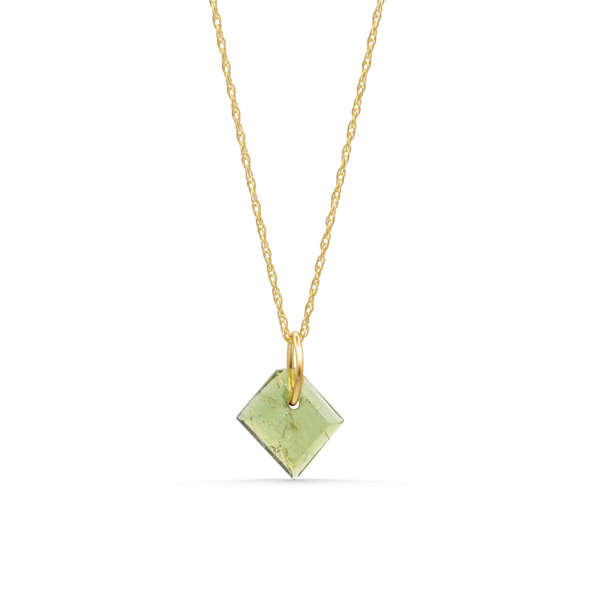 Mosslight Green Tourmaline Necklace • Solid Gold Tourmaline Slice Necklace • Dainty Green Gemstone Jewelry