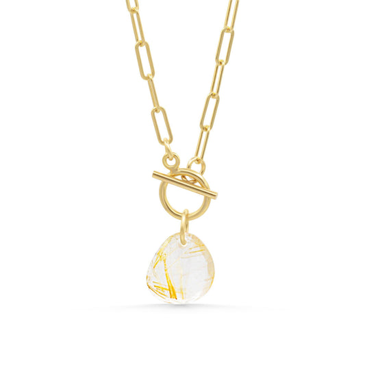 Golden rutilated quartz toggle necklace by Earthly Abundance featuring a polished gemstone and a toggle clasp for stylish wear.