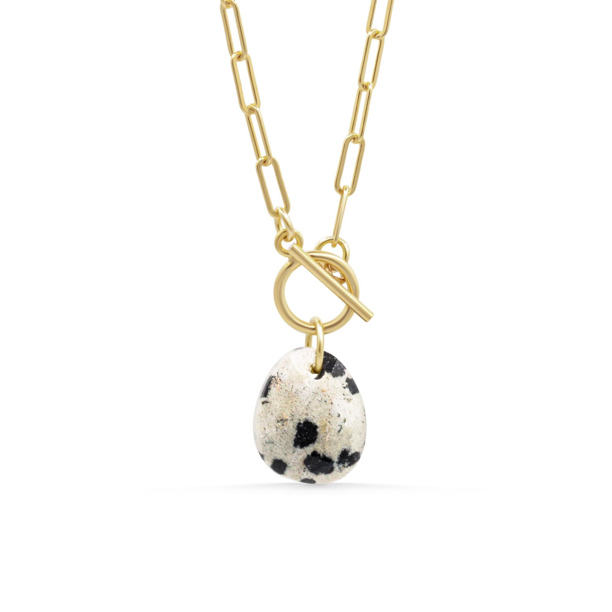 Dalmatian Jasper Necklace, Paperclip Chain Necklace, 14K Gold Filled Necklace, Genuine Dalmatian Stone Pendant, Protection Jewelry, Layering