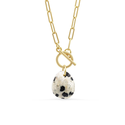Dalmatian Jasper toggle necklace featuring black and cream spotted stones on a silver toggle clasp, handmade by Earthly Abundance.