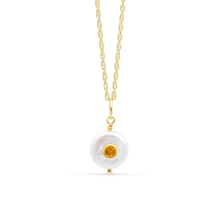 Sunlit Pearl Pendant | Freshwater Pearl Citrine Pendant | [EPCP6718] Genuine Pearl Necklace | Gold Vermeil Citrine Charm | 14K Gold Filled