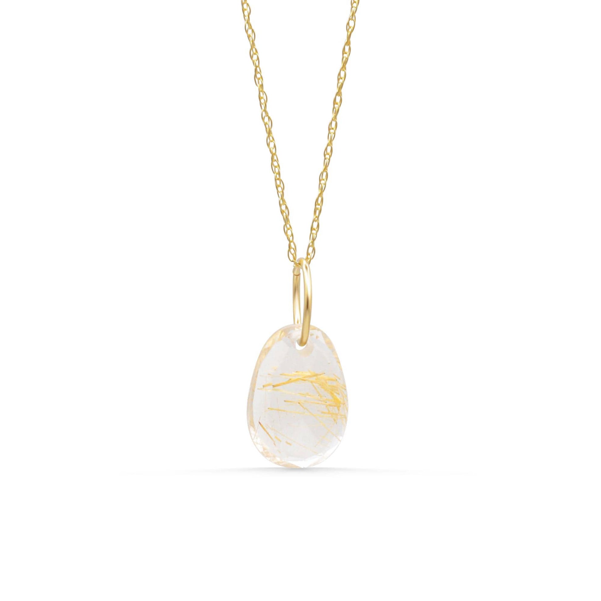 Rutilated Quartz pendant necklace with 14K gold setting, featuring a polished, natural gemstone on a delicate chain.