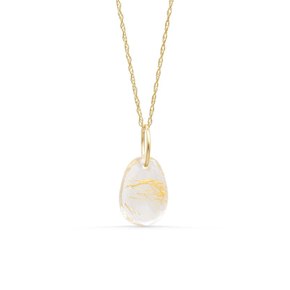 Rutilated Quartz pendant necklace with 14K gold setting, featuring a polished, natural gemstone on a delicate chain.