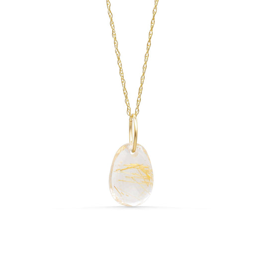 Rutilated Quartz pendant necklace with 14K gold setting, featuring a polished, natural gemstone on a delicate chain.