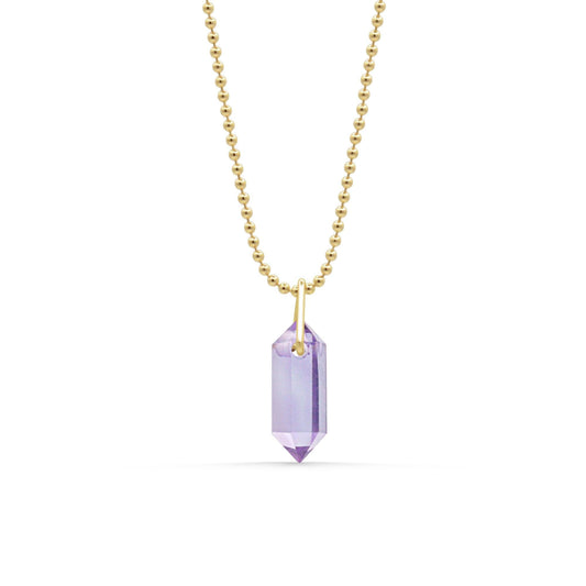 Amethyst prism pendant with 14K gold-filled setting from Earthly Abundance, showcasing a purple gemstone pendant on a chain.