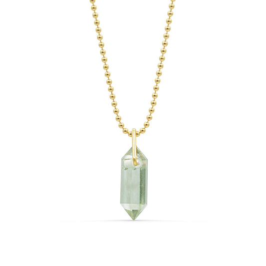Green amethyst prism pendant on 14K gold-filled chain, showcasing a faceted gemstone with a polished finish.