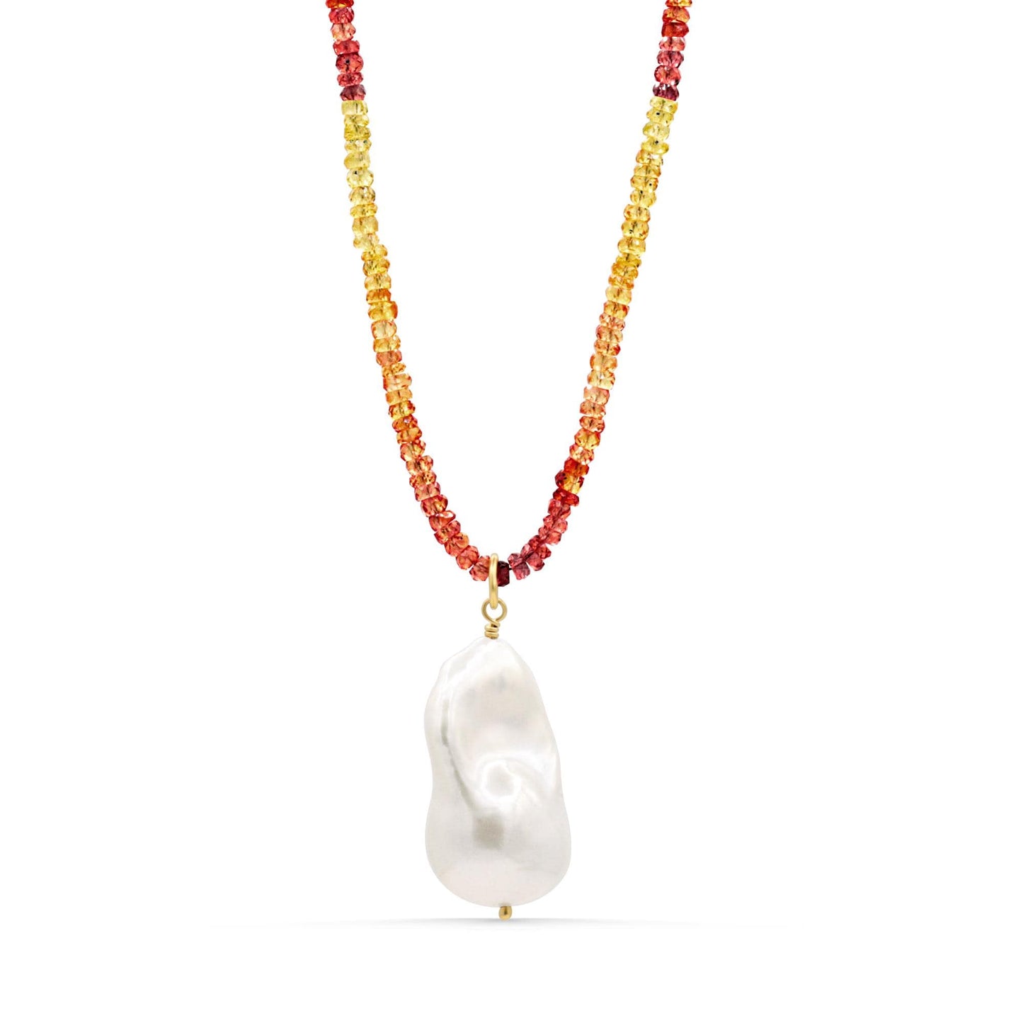 Pearl and Pink & Yellow Songea Sapphire Necklace – 14K Gold Filled, Faceted 3mm Sapphire Rondel, Handmade in Canada