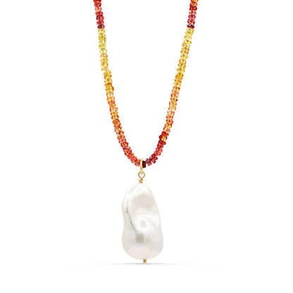 Pearl and Pink & Yellow Songea Sapphire Necklace – 14K Gold Filled, Faceted 3mm Sapphire Rondel, Handmade in Canada