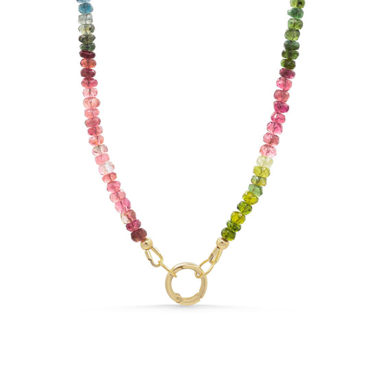 Watermelon Tourmaline Carabiner Necklace by Earthly Abundance featuring a vibrant gemstone pendant on a metal chain.