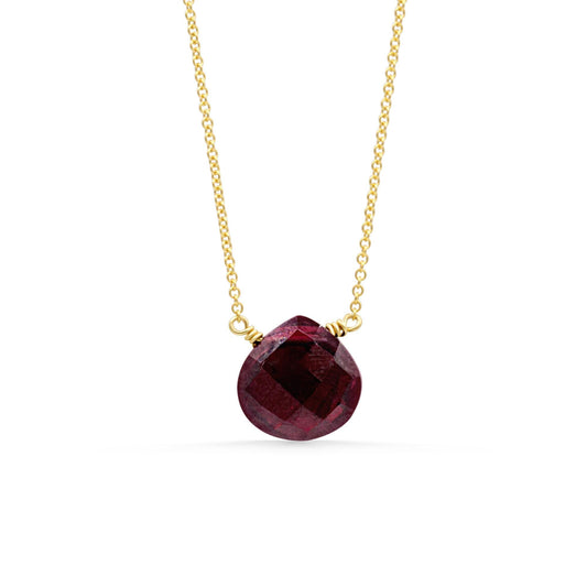 Earthly Abundance Scarlet Muse Garnet Necklace featuring a vibrant red garnet pendant on a delicate chain.