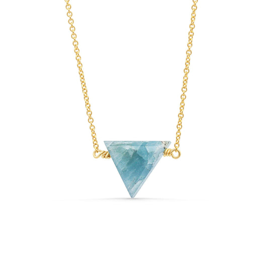 Earthly Abundance Aqua Triangle Necklace featuring a sleek blue triangle pendant on a delicate chain.