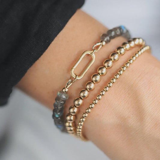 Wild Light Labradorite bracelet by Earthly Abundance featuring iridescent labradorite stones on a stretchy cord.