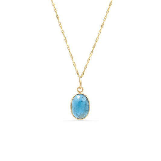 Azure Horizon Moss Kyanite necklace with 14K gold chain, featuring a polished blue-green Kyanite pendant from Earthly Abundance.