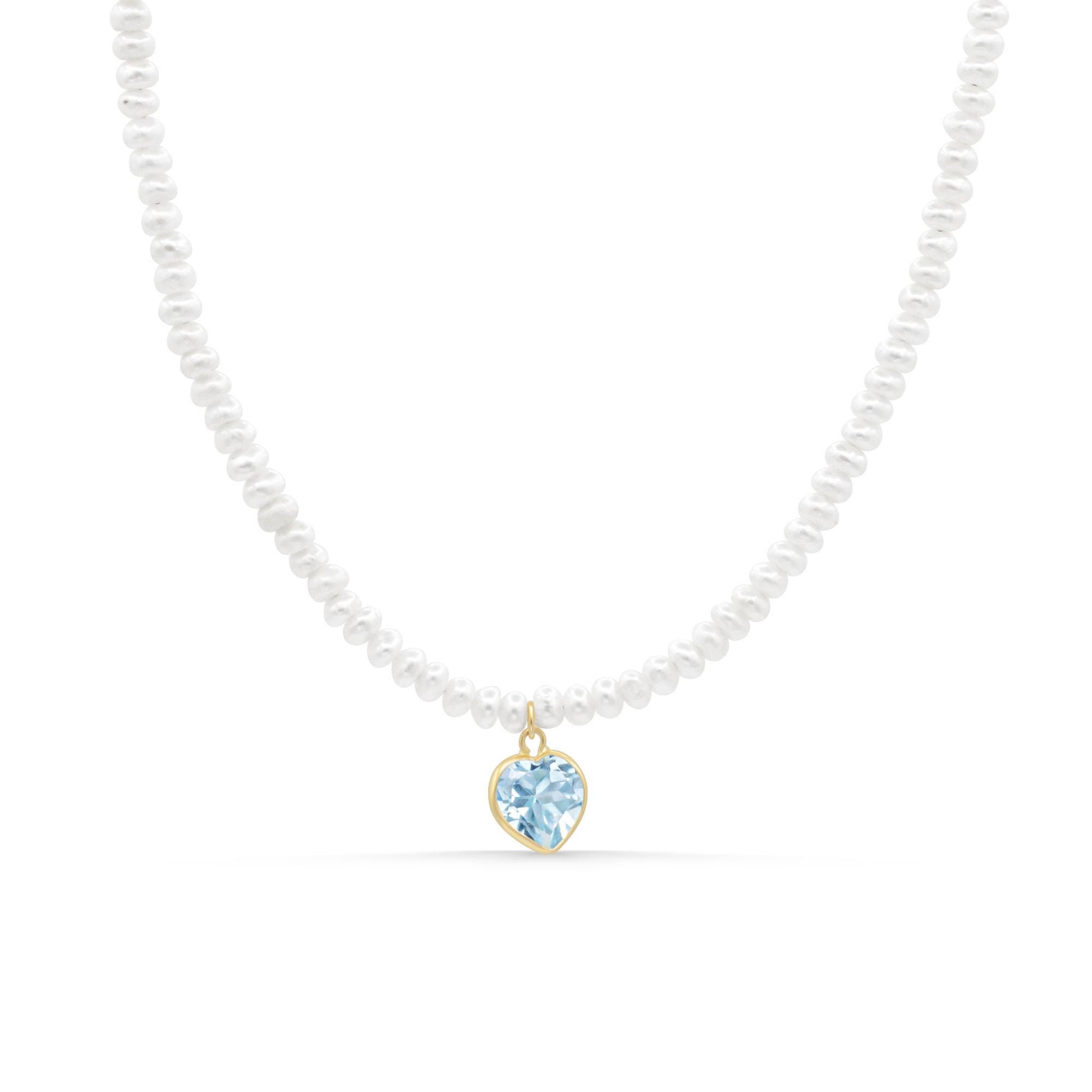 Heart of the Ocean | Freshwater Pearl Necklace with Blue Topaz Heart Pendant, Genuine Pearl Necklace, 14K Gold, 16 18 20 Inch