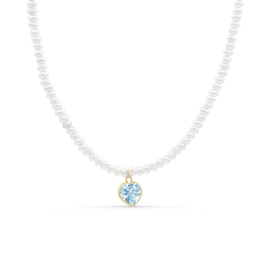 Elegant Heart of the Ocean pearl necklace with blue topaz accents in 14K gold, featuring a luxurious design by Earthly Abundance.