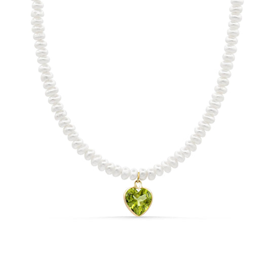 Heart of Spring Necklace with Peridot and Pearl in 14K gold, featuring a delicate pendant design from Earthly Abundance.