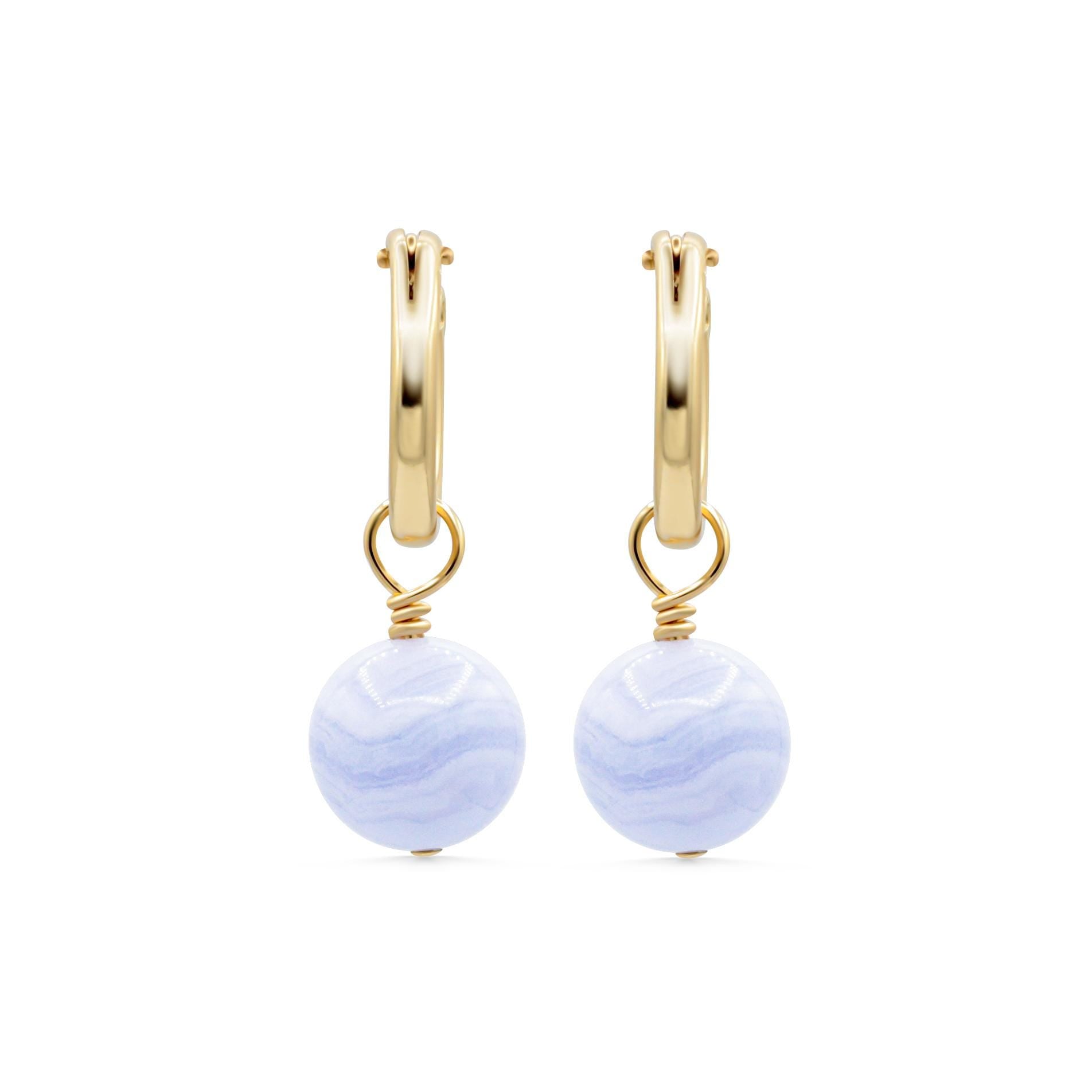 Blue Lace Agate hoop earrings with 14K gold-filled accents, featuring elegant gemstone beads and gold hoops.
