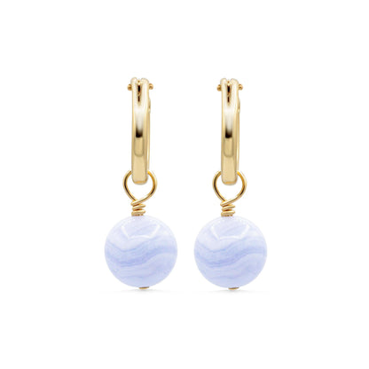 Blue Lace Agate hoop earrings with 14K gold-filled accents, featuring elegant gemstone beads and gold hoops.