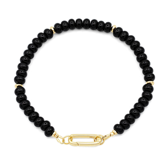Black Onyx Carabiner Bracelet by Earthly Abundance featuring sleek black onyx beads and a sturdy metal carabiner clasp.