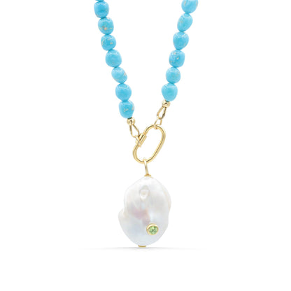 Sleeping Beauty Turquoise Necklace | Baroque Pearl & Peridot Pendant | 14K Gold Filled Screw Carabiner