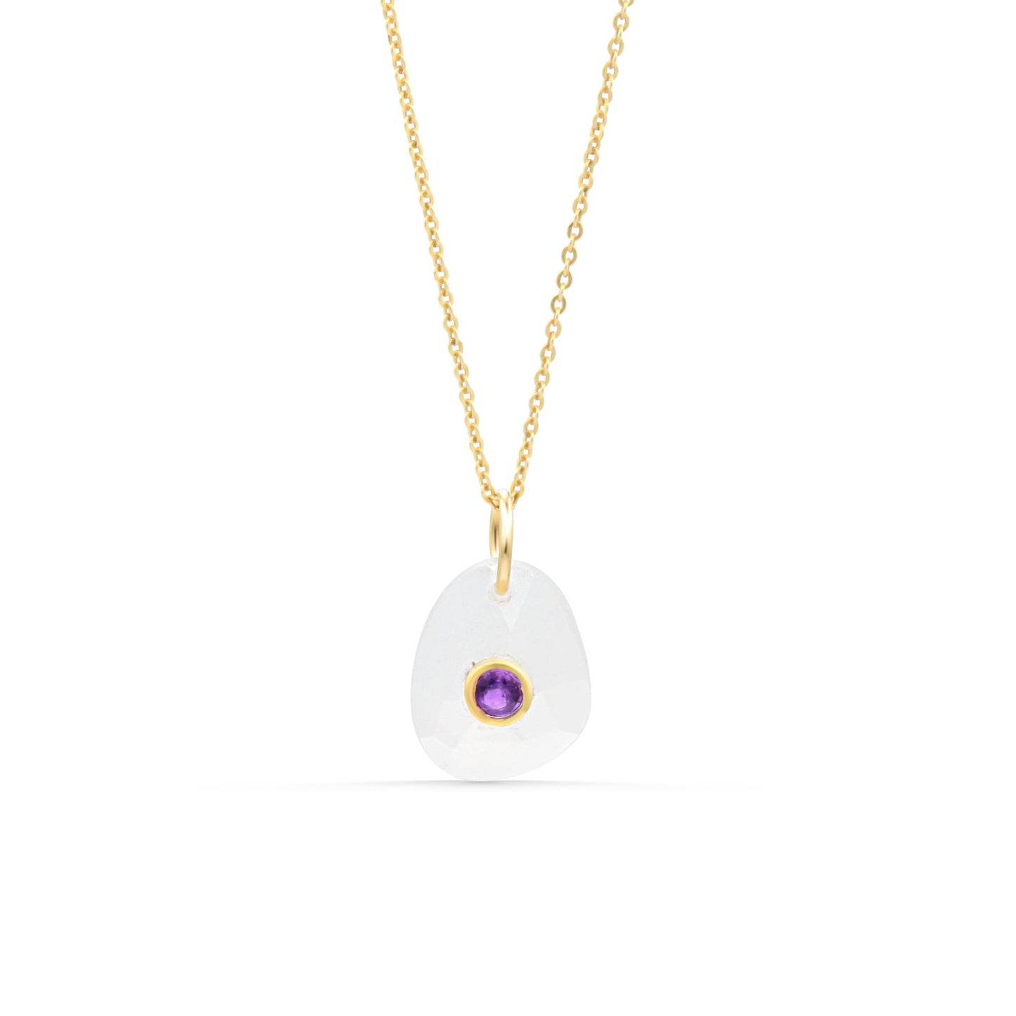 Lilac moon pendant featuring moonstone and amethyst, crafted by Earthly Abundance, with a delicate silver chain.