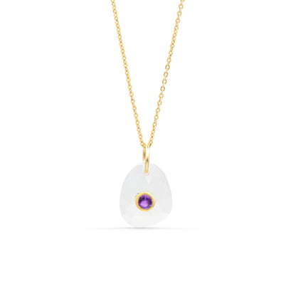 Lilac moon pendant featuring moonstone and amethyst, crafted by Earthly Abundance, with a delicate silver chain.