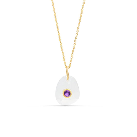Lilac moon pendant featuring moonstone and amethyst, crafted by Earthly Abundance, with a delicate silver chain.