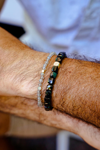 Men's Labradorite Bracelet, Solid Gold Bracelet, 4mm Labradorite Beaded Bracelet, Genuine Gemstone Bracelet, Minimalist Men's Jewelry