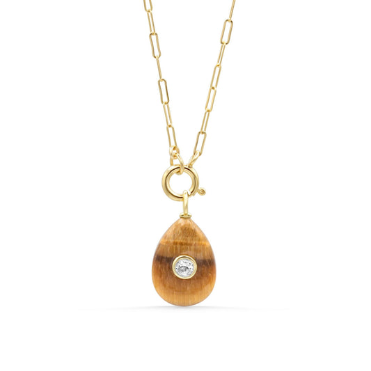 Canyon Light Necklace Tiger's Eye Pendant Necklace, White Topaz Necklace, Gold Filled Paperclip Chain, Removable Tiger Eye Charm