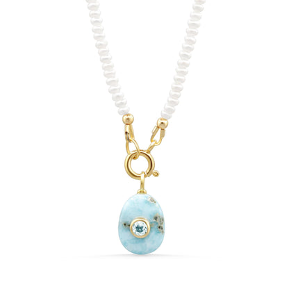 Caribbean Dream Pearl Necklace - Freshwater Pearl Necklace | Larimar white topaz pearl jewelry | Layering Necklace | Pearl Gift for Her