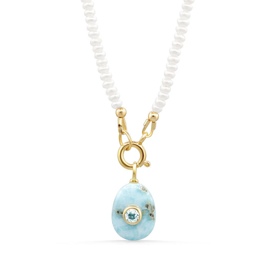 Caribbean Dream Pearl Necklace - Freshwater Pearl Necklace | Larimar white topaz pearl jewelry | Layering Necklace | Pearl Gift for Her