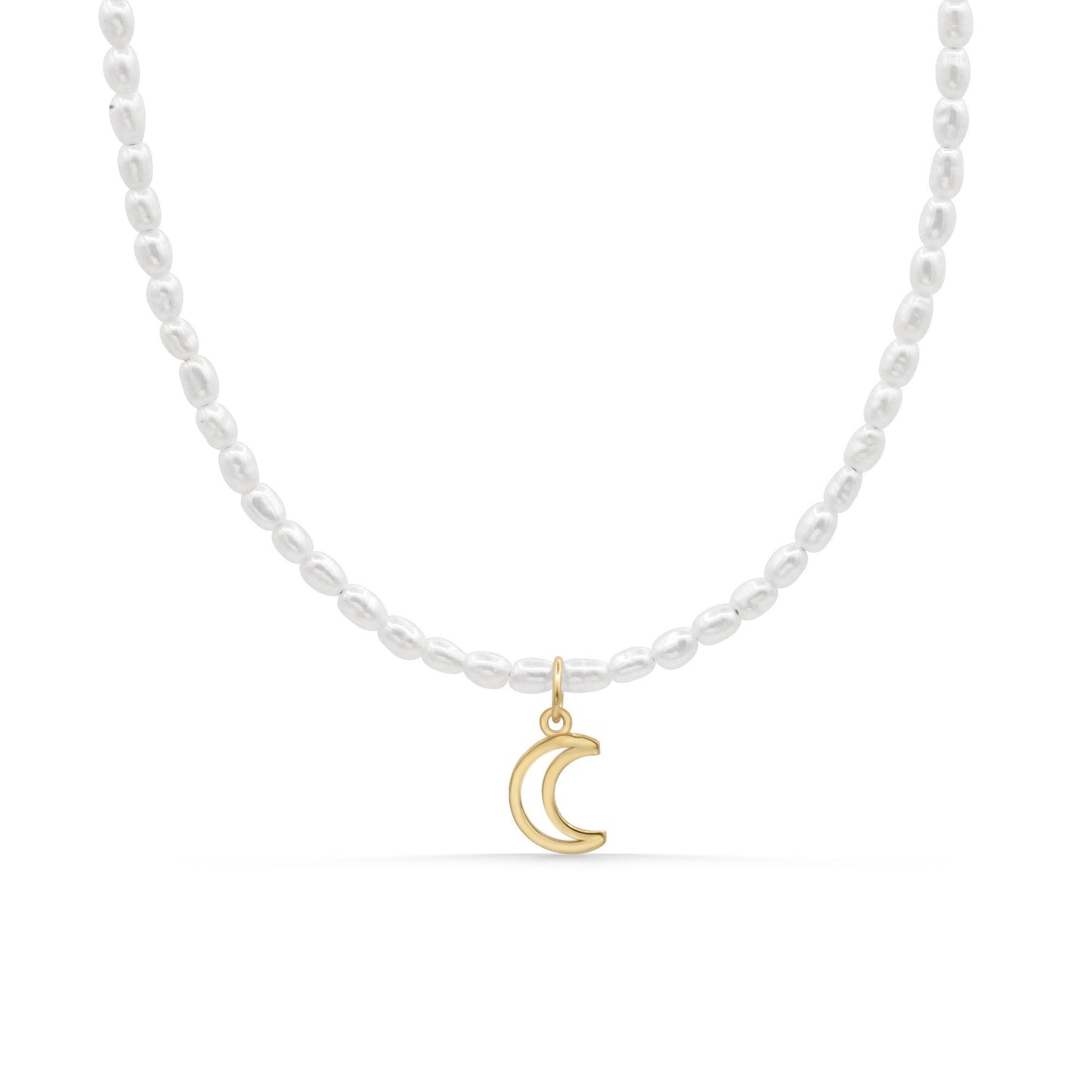 Moon Tide Pearl Necklace, Solid 14K Gold Crescent Moon Necklace, Mother of Pearl Jewelry, Rice Pearl Necklace, One of a Kind Necklace
