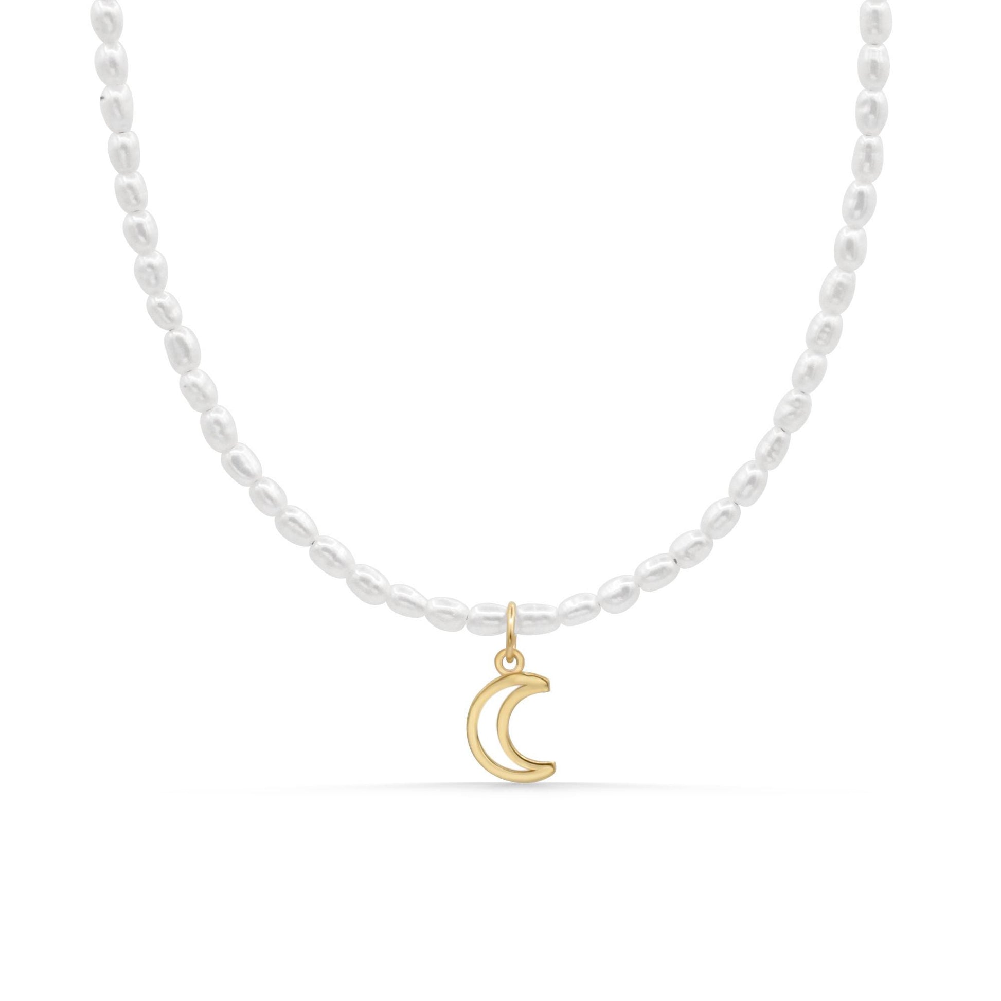 Moon Tide Pearl Necklace, Solid 14K Gold Crescent Moon Necklace, Mother of Pearl Jewelry, Rice Pearl Necklace, One of a Kind Necklace