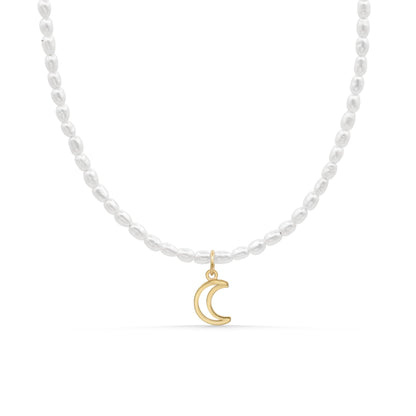 Moon Tide Pearl Necklace, Solid 14K Gold Crescent Moon Necklace, Mother of Pearl Jewelry, Rice Pearl Necklace, One of a Kind Necklace
