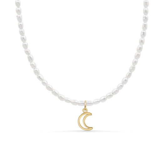 Moon Tide Pearl Necklace, Solid 14K Gold Crescent Moon Necklace, Mother of Pearl Jewelry, Rice Pearl Necklace, One of a Kind Necklace