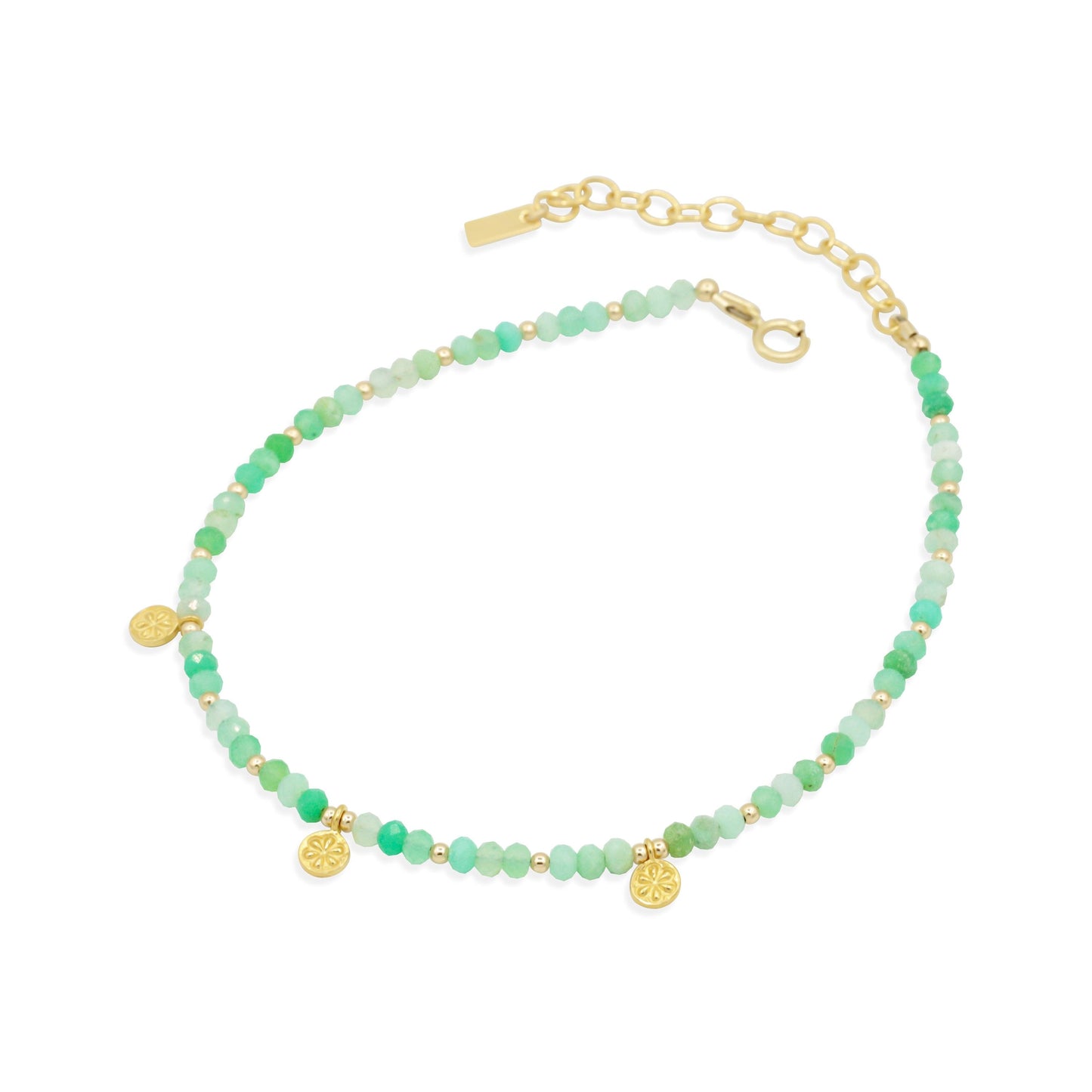 Chrysoprase Anklet with Gold Daisy Charms, Green Gemstone Anklet, 14K Gold Filled, One of a Kind Jewelry, Adjustable 9–11"