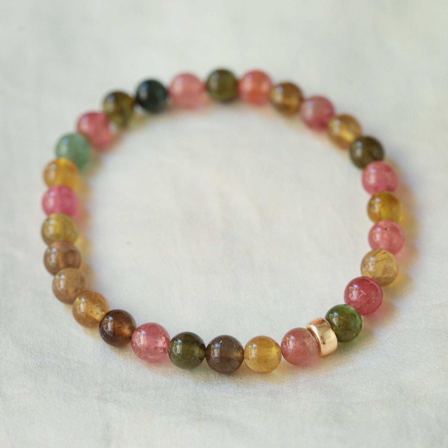 Rock Candy Mixed Tourmaline Bracelet, 6mm Natural Tourmaline Gemstone Bracelet, Sterling Silver or Solid 14K Gold, Stretch Bracelet