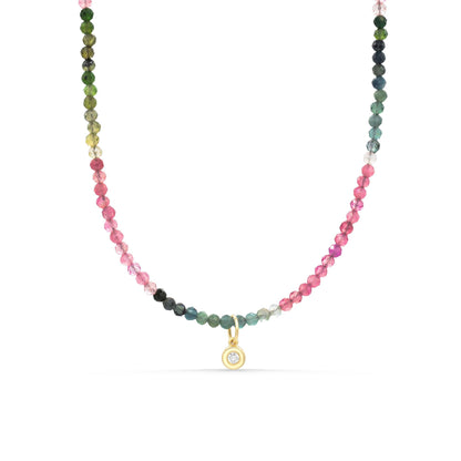 Diamond Mixed Tourmaline Necklace | Watermelon tourmaline necklace 2mm | Multicolor tourmaline jewelry | Tourmaline 14K
