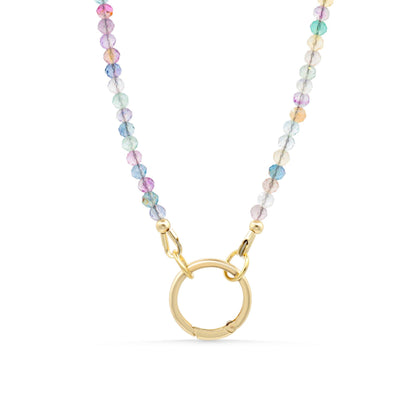 Rainbow Fluorite Necklace, 3mm Faceted Gemstone Necklace, Gold Filled Carabiner Necklace, Colorful Beaded Necklace, Charm Holder Necklace