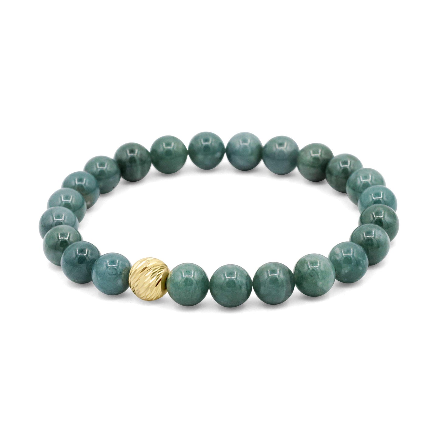 Dark Jade Bracelet, 8mm Natural Jade, Solid 14K Gold Accent, Green Gemstone Stretch Bracelet, Genuine Jade Jewelry