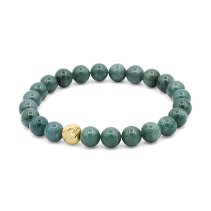 Dark Jade Bracelet, 8mm Natural Jade, Solid 14K Gold Accent, Green Gemstone Stretch Bracelet, Genuine Jade Jewelry