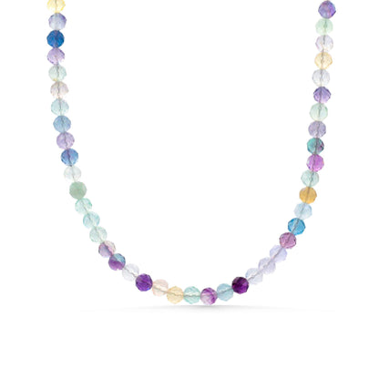 Rainbow Fluorite Necklace, 3mm Faceted Gemstone Necklace, Gold Filled Carabiner Necklace, Colorful Beaded Necklace, Charm Holder Necklace