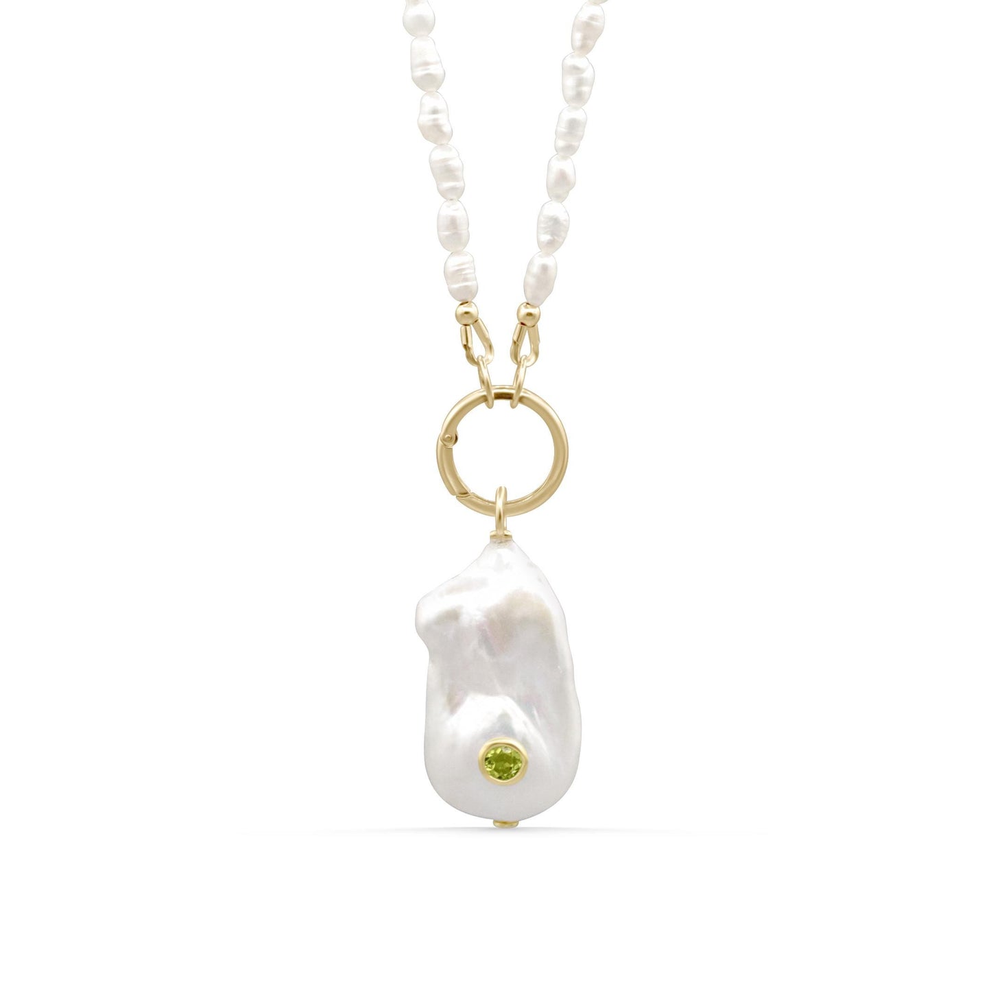 Baroque Pearl & Peridot Carabiner Necklace – Three-Piece Set