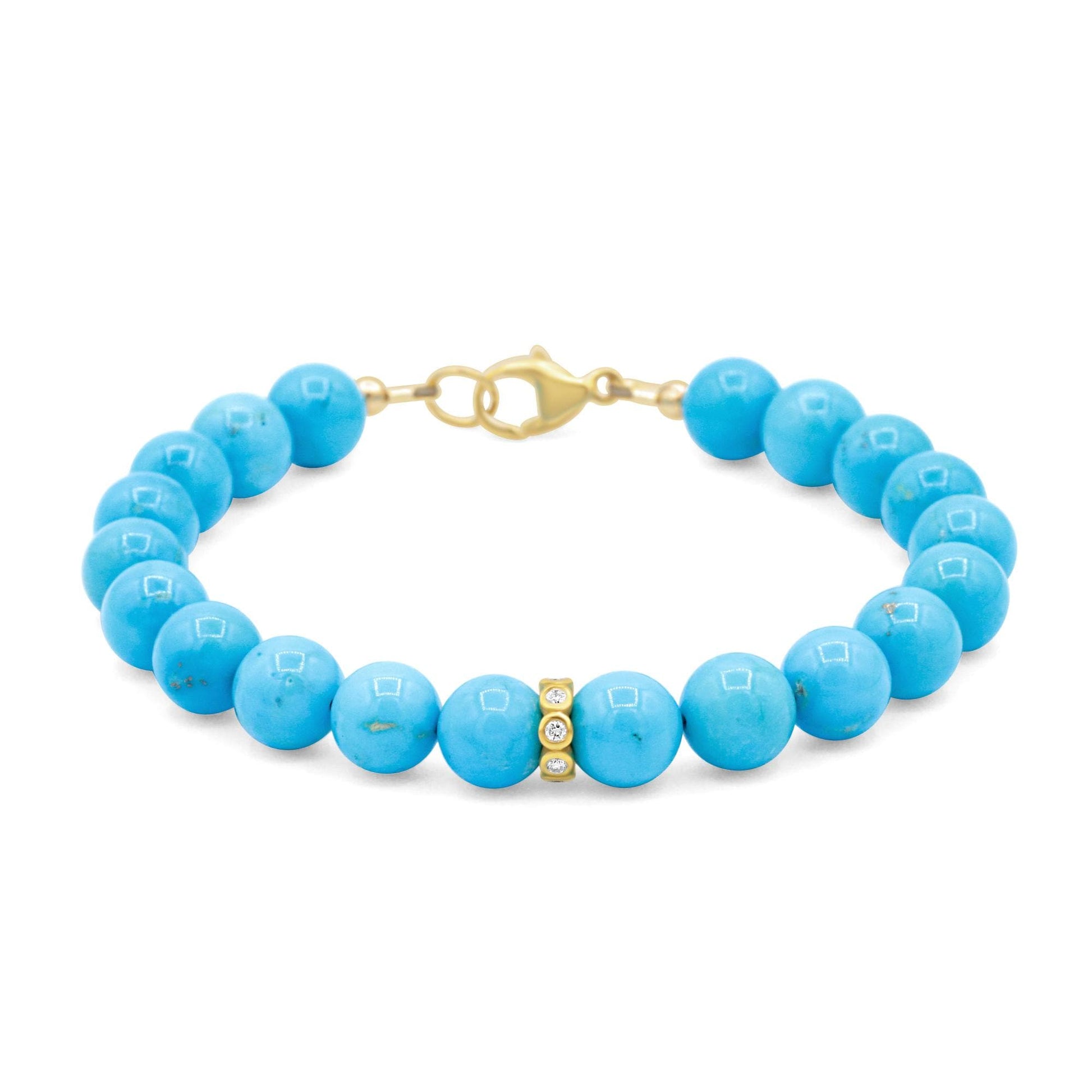 Diamond Sleeping Beauty Bracelet – 8mm | 8mm Arizona Turquoise, Solid 14K Gold Diamond Bracelet, Natural Turquoise Jewelry