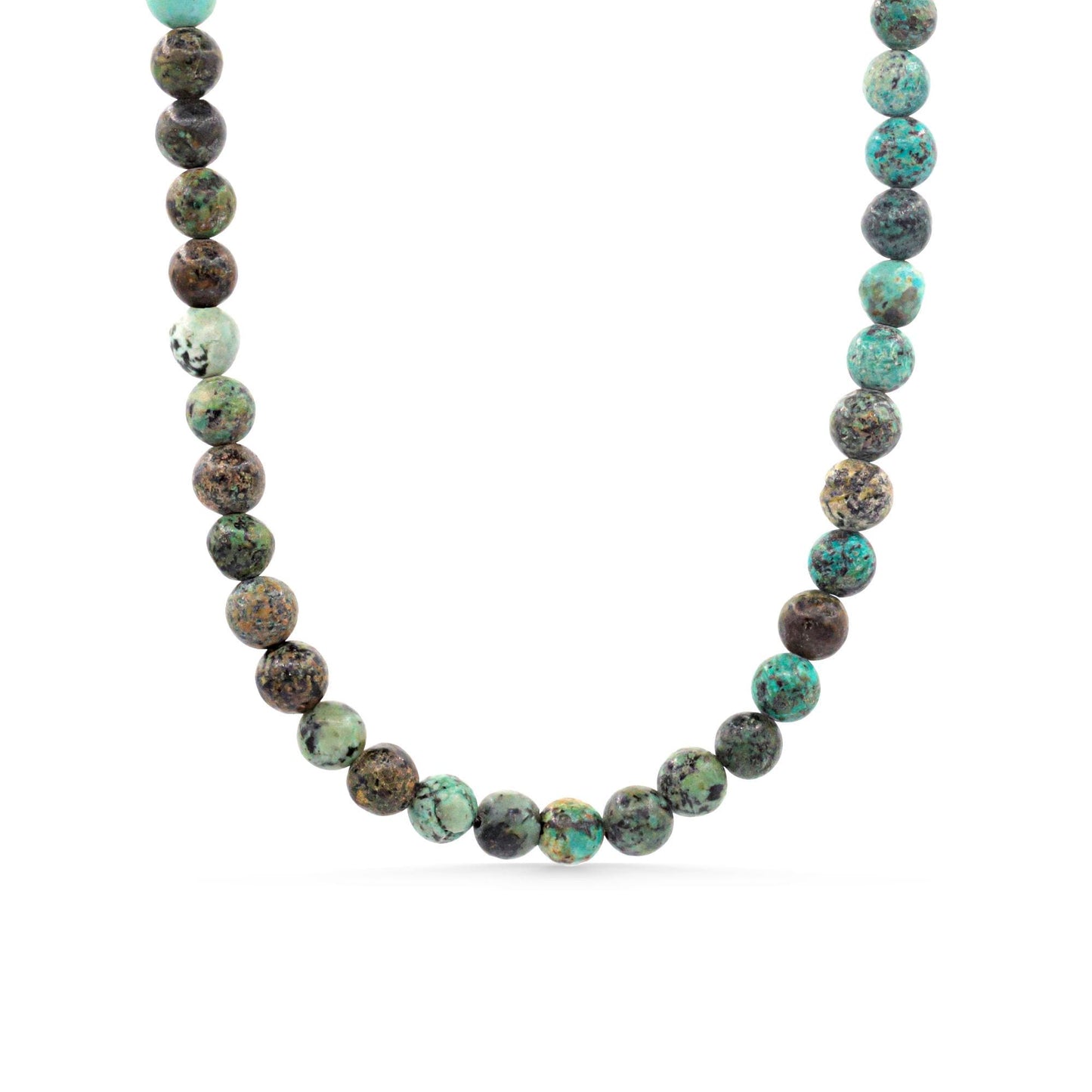 African Turquoise Necklace, 6mm Natural Gemstone Beaded Necklace, Sterling Silver Adjustable Necklace, Green Blue Gemstone Jewelry