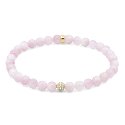 Kunzite Bracelet, 5mm Genuine Kunzite Bracelet, Diamond 14K Gold Bead, Solid Gold Gemstone Bracelet, Pink Kunzite Jewelry, Gift for Her