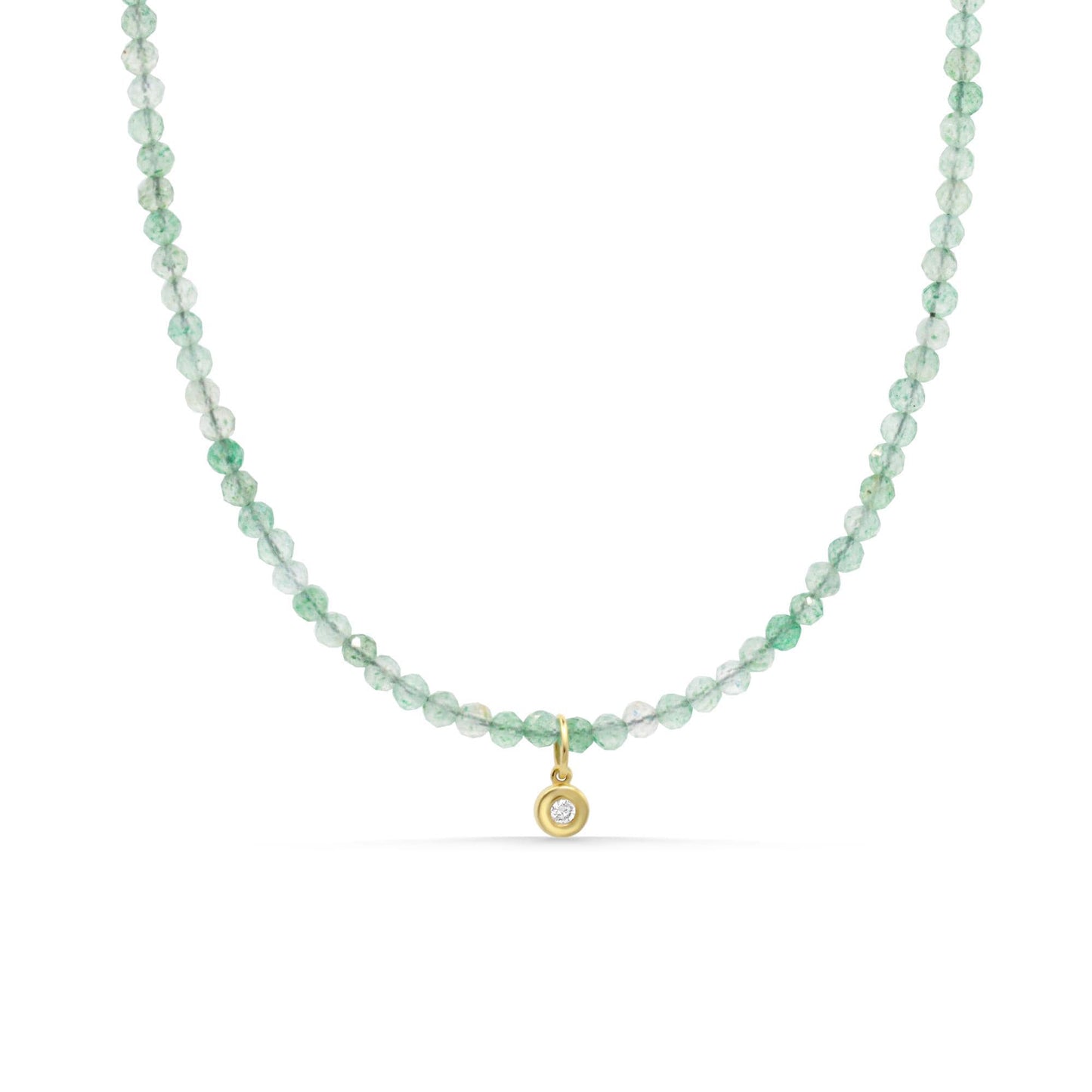 Green Aventurine Necklace, 2mm Gemstone Necklace, Diamond Pendant, Solid 14K Gold Necklace, Dainty Green Gemstone Jewelry, Gift for Her