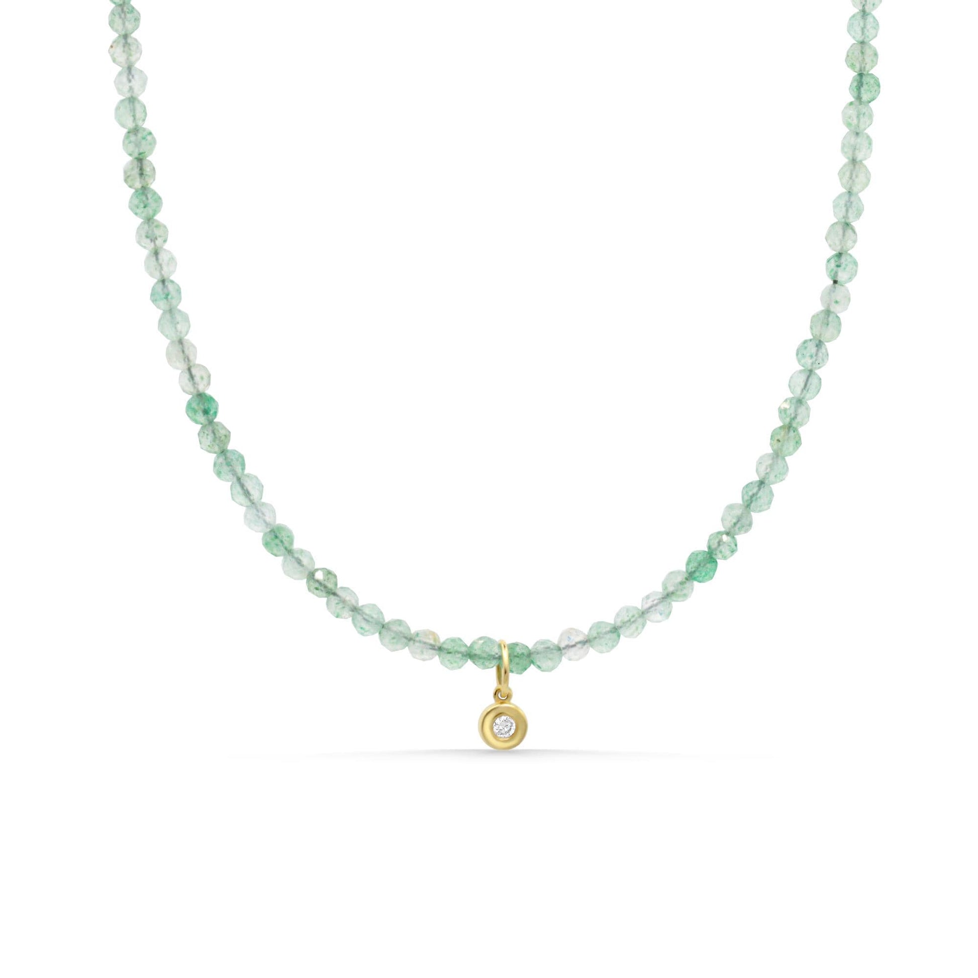 Green Aventurine Necklace, 2mm Gemstone Necklace, Diamond Pendant, Solid 14K Gold Necklace, Dainty Green Gemstone Jewelry, Gift for Her