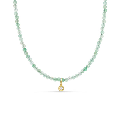 Green Aventurine Necklace, 2mm Gemstone Necklace, Diamond Pendant, Solid 14K Gold Necklace, Dainty Green Gemstone Jewelry, Gift for Her